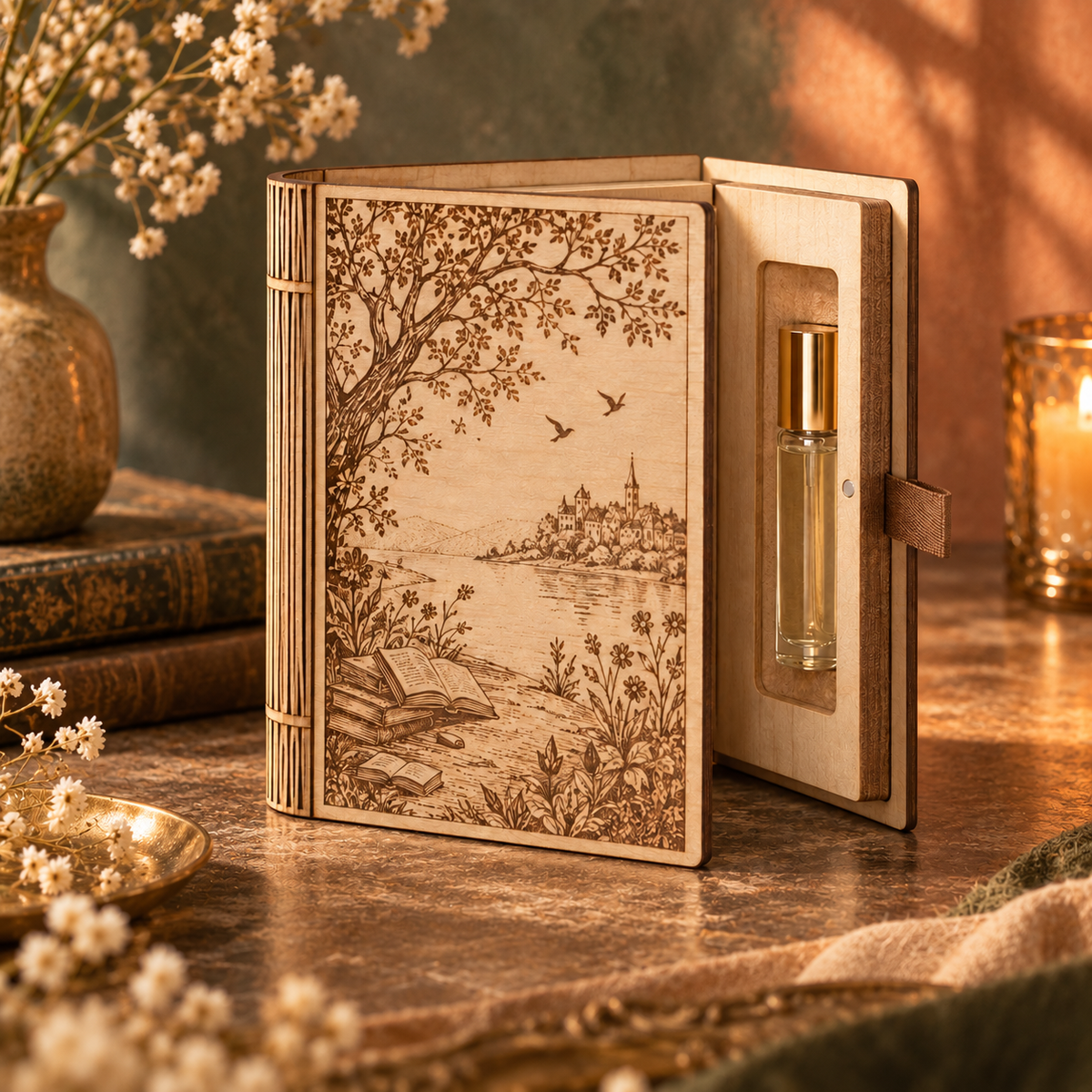 1 petit livre en bois format A6 en gravure laser avec un petit compartiment pour un mini flacon de parfum – Collections d’âmes