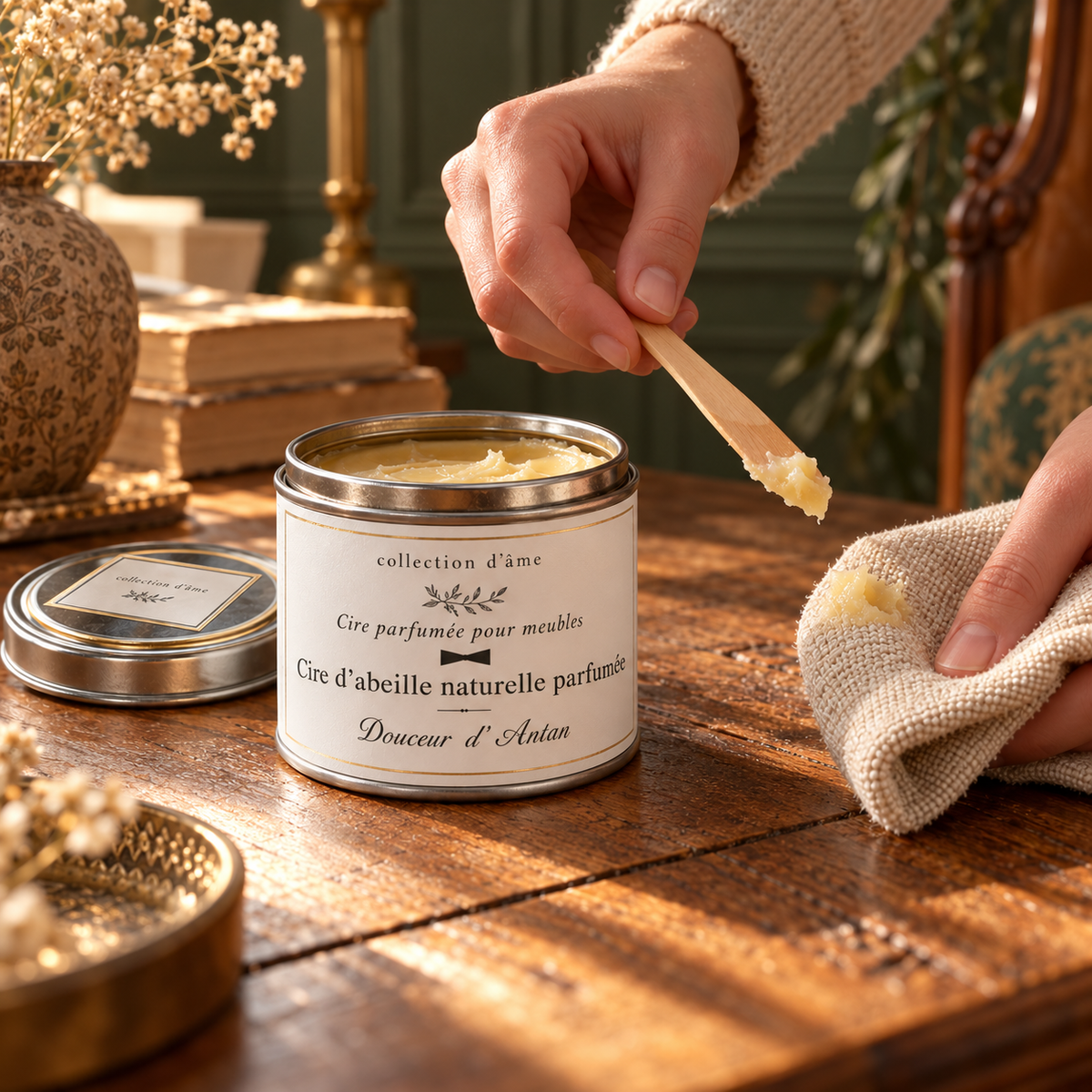 Cire parfumée pour meubles — mise en situation