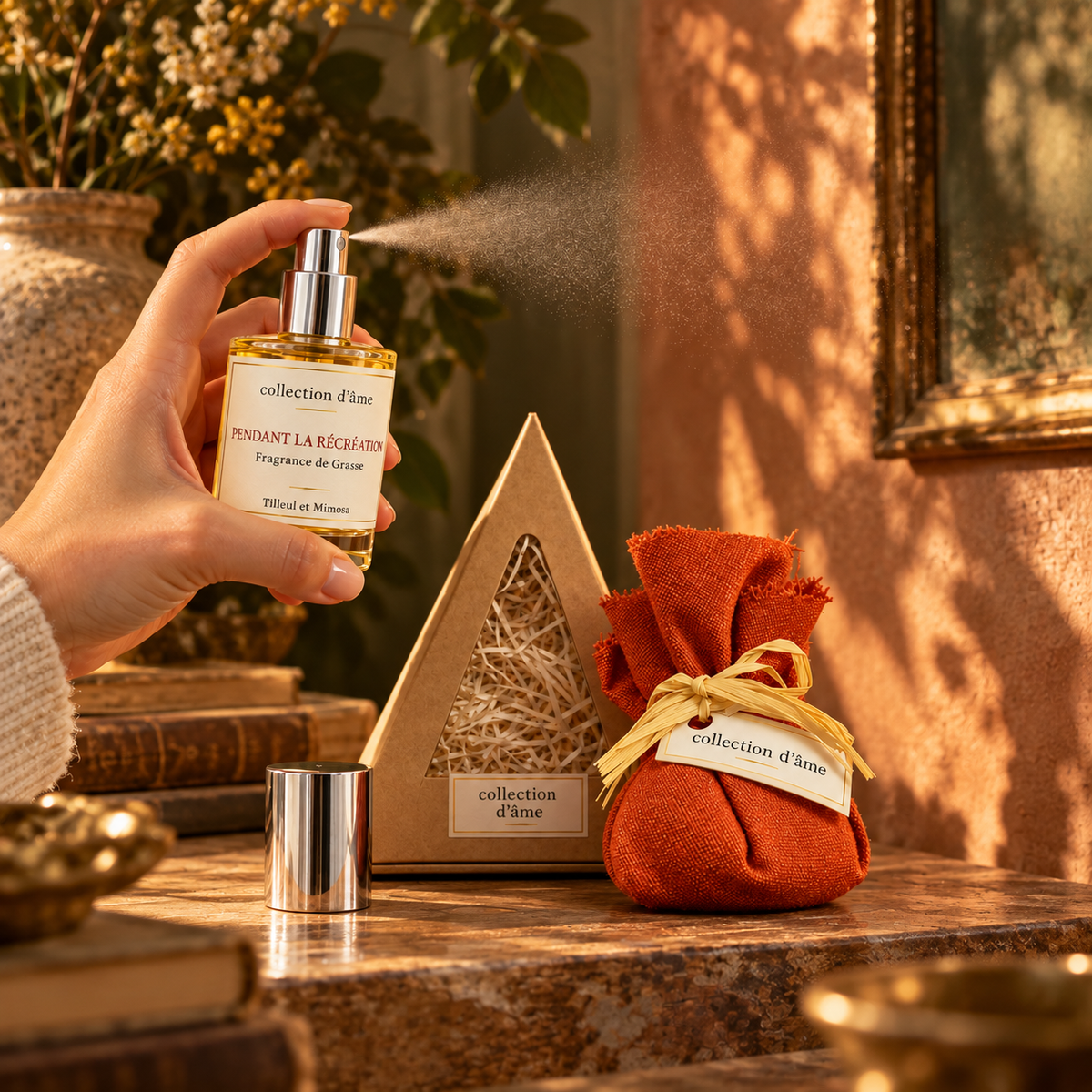 Vaporisateur utilisé sur un rideau avec son coffret et son pochon — collection d’âme