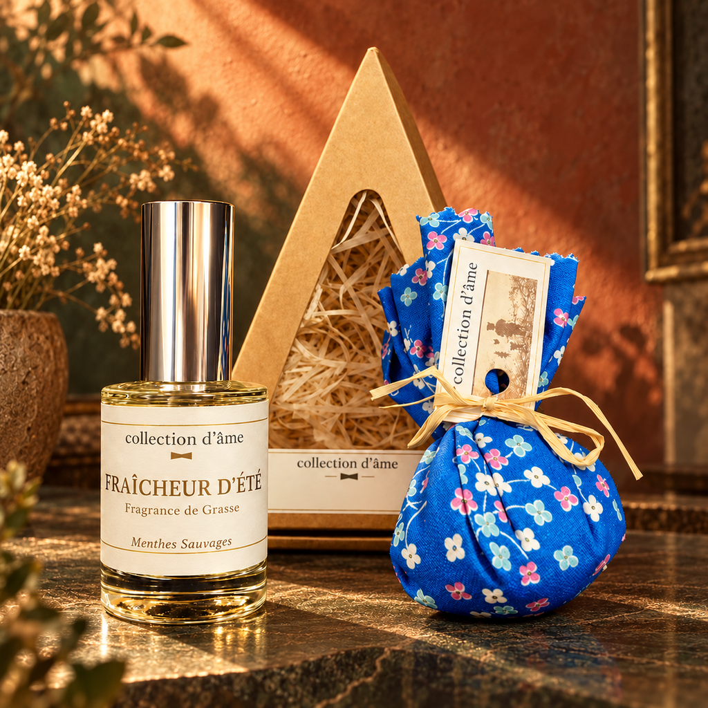 Coffret vaporisateur de parfum et son pochon tissus — collection d’âme