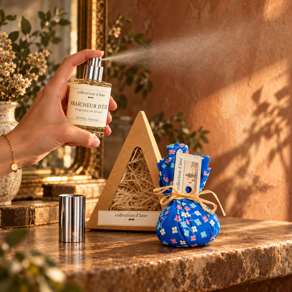 Vaporisateur Fraîcheur d’été utilisé sur un rideau avec son coffret et son pochon bleu — collection d’âme