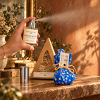 Vaporisateur Fraîcheur d’été utilisé sur un rideau avec son coffret et son pochon bleu — collection d’âme