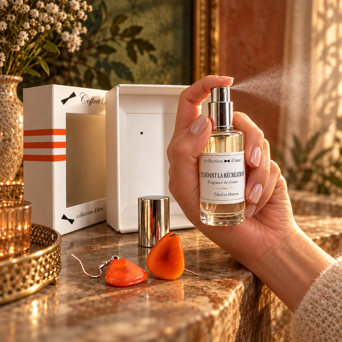 Coffret boucles d’oreilles et vaporisateur en situation dans une chambre — collection d’âme