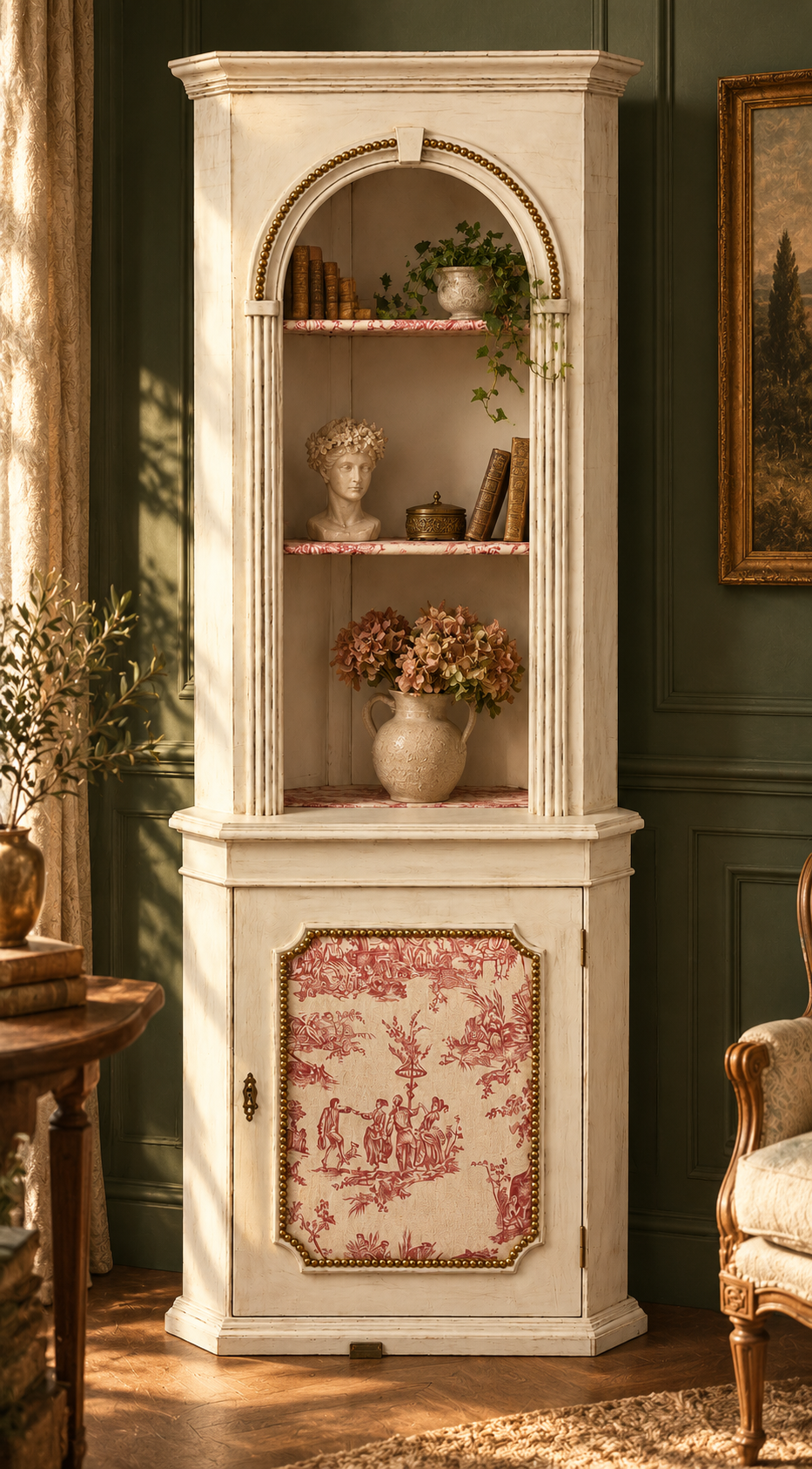 Meuble d’angle restauré, patine blanche et toile de Jouy