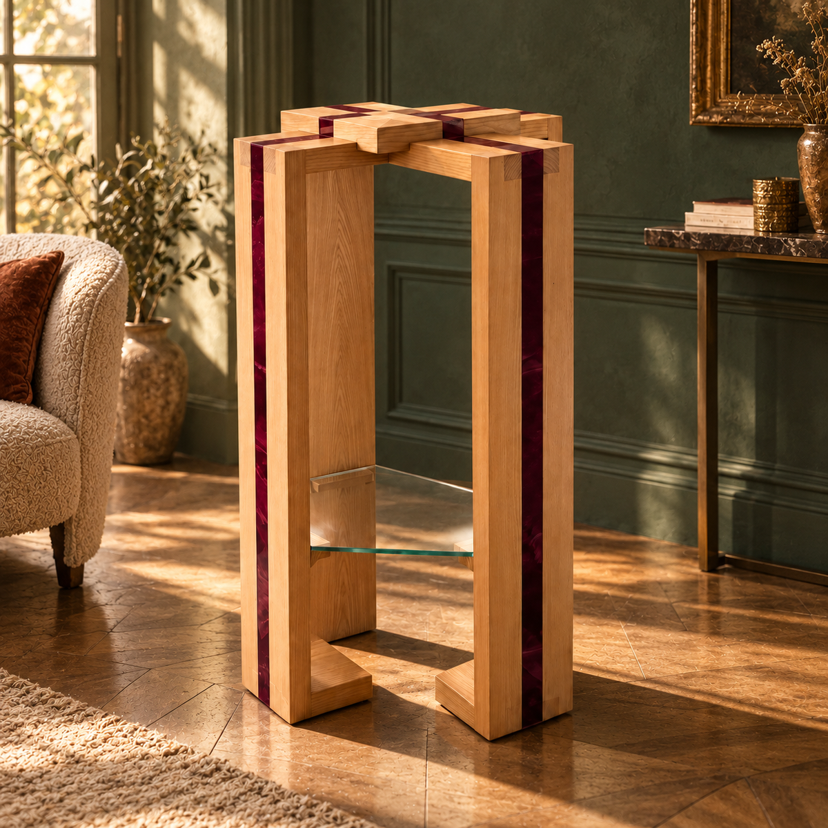 Sellette — Bois naturel et bordeaux