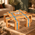 Table basse avec foyer Spider — Bois naturel et bleu nuageux