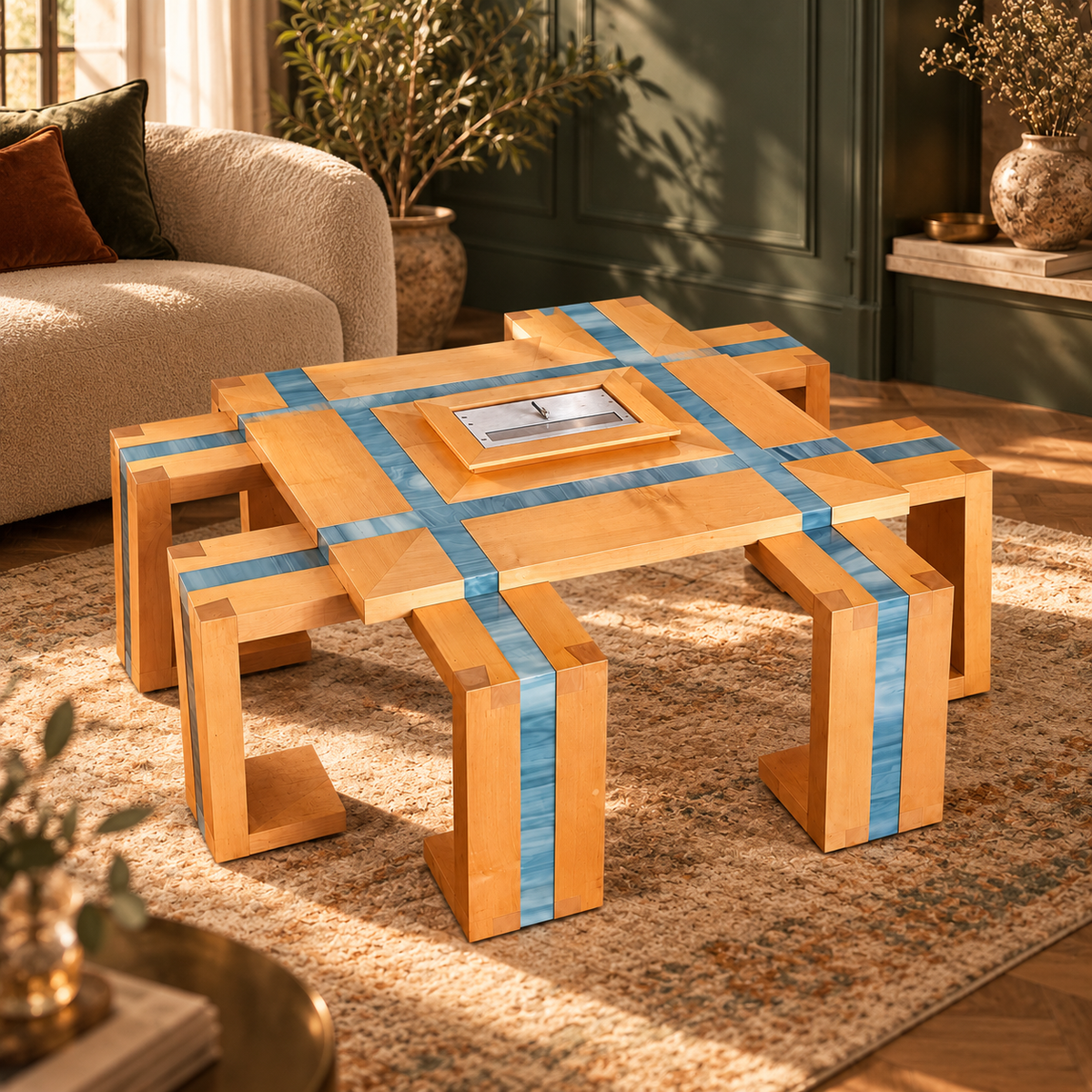 Table basse avec foyer Spider — Bois naturel et bleu nuageux