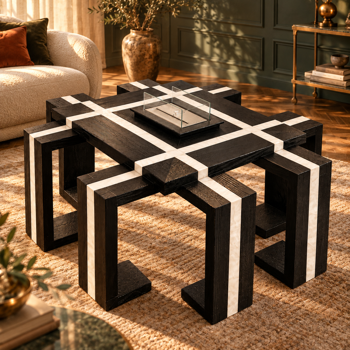 Table basse avec foyer Spider — Bois noir et blanc nuageux