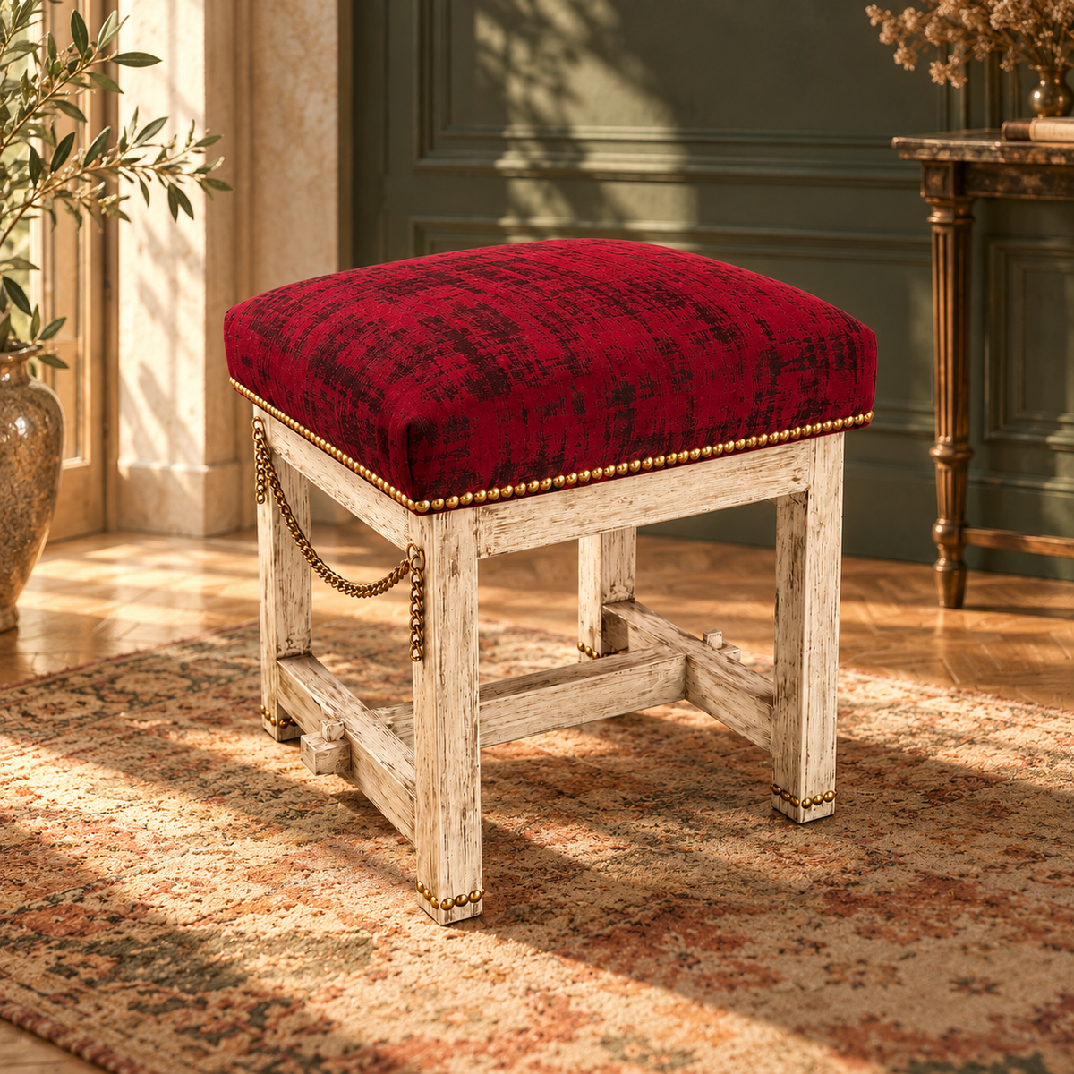 Tabouret — Patine claire et assise bordeaux