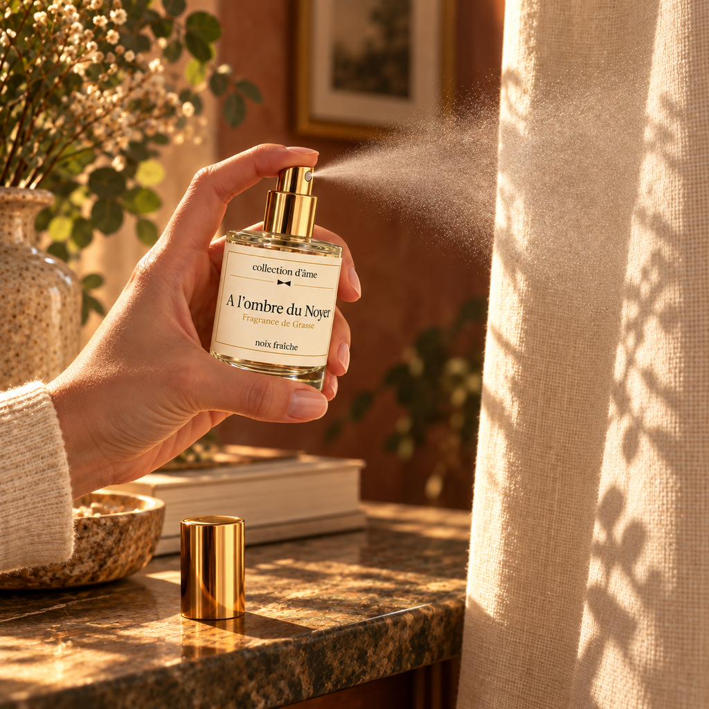 Vaporisateur À l’ombre du Noyer — noix fraîche — utilisé sur un rideau — collection d’âme
