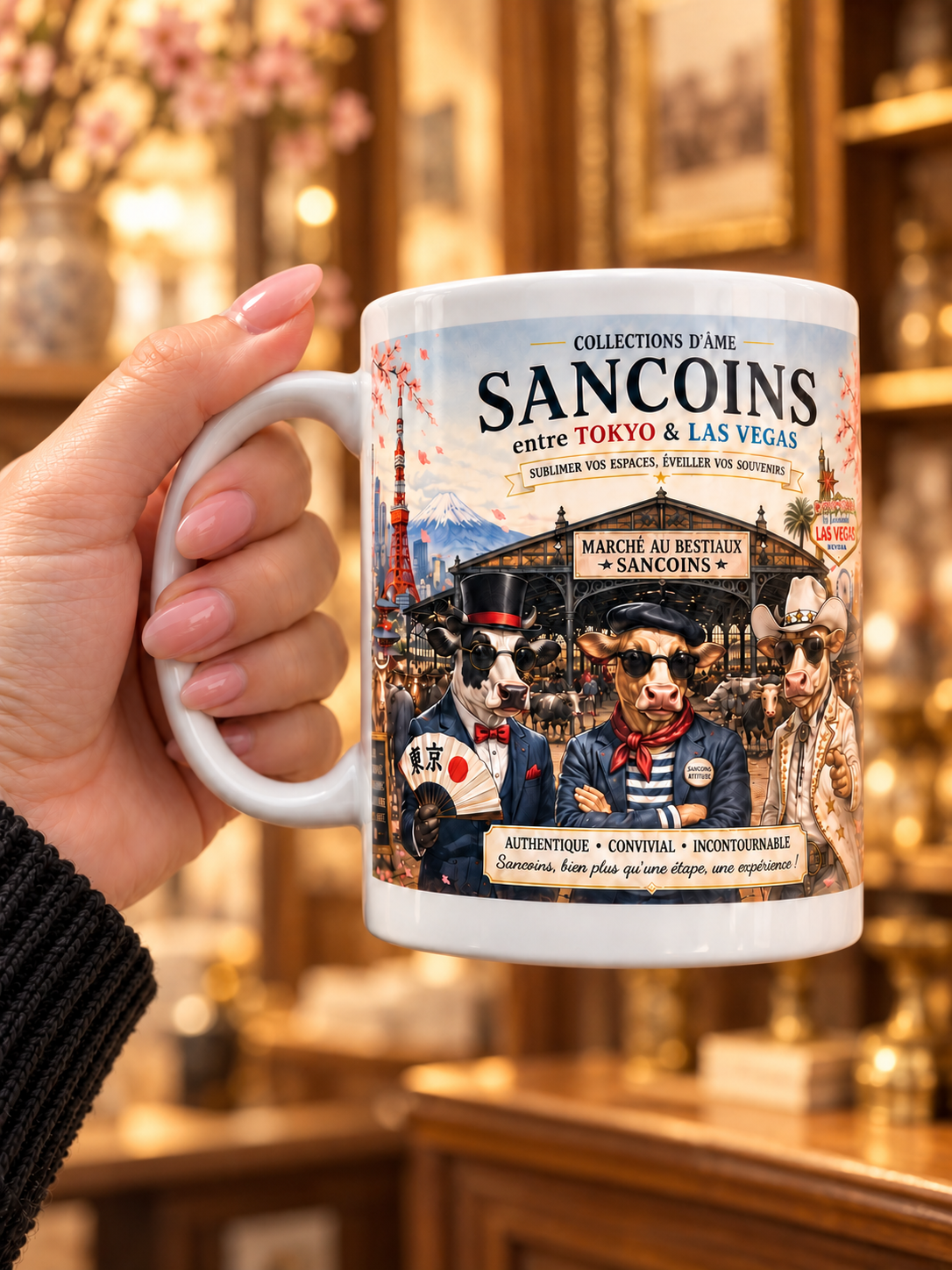 Mug Sancoins aux vaches à lunettes, tenu par son anse