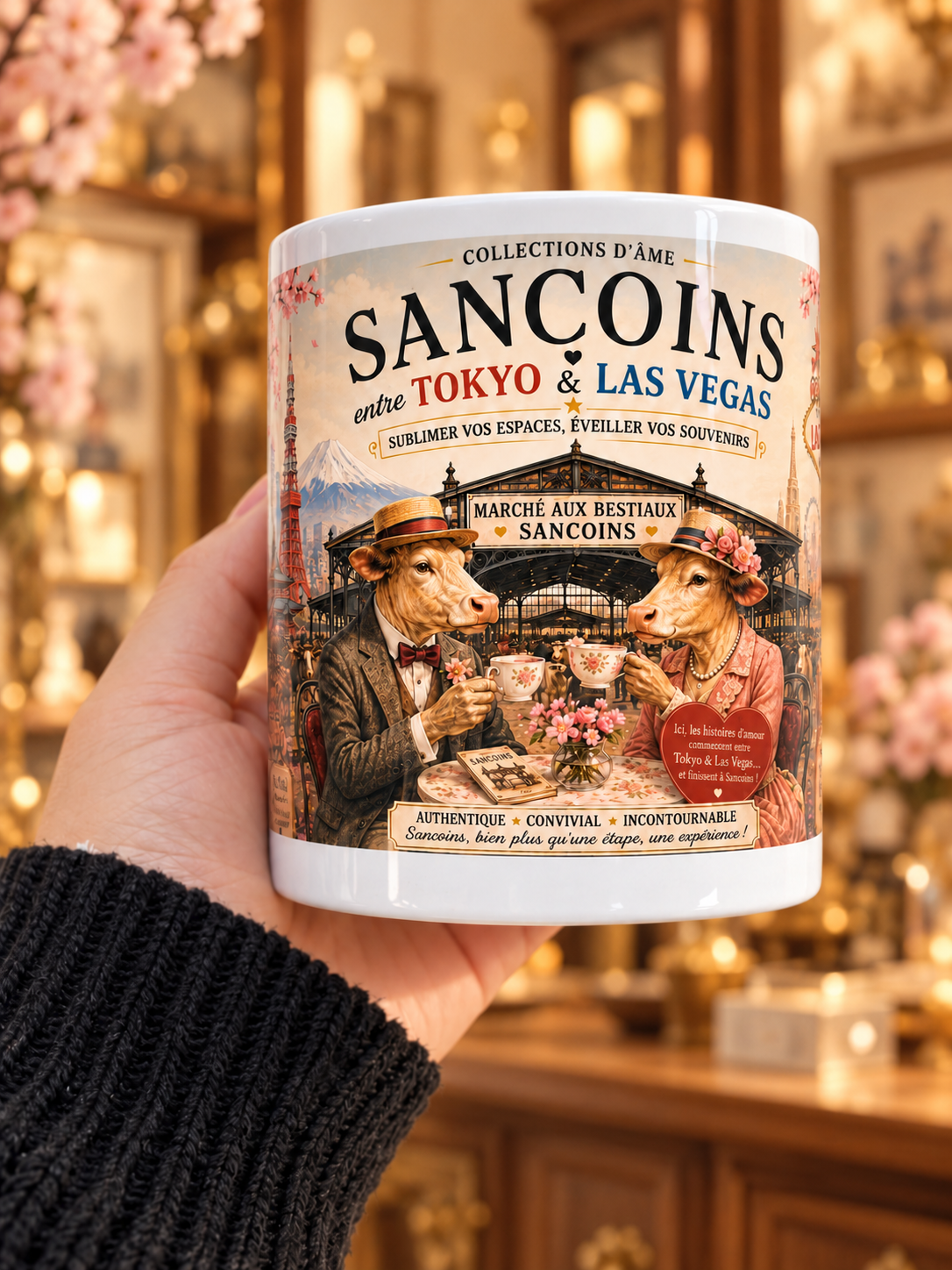 Mug Sancoins au couple de vaches, tenu en main dans une ambiance de boutique chaleureuse