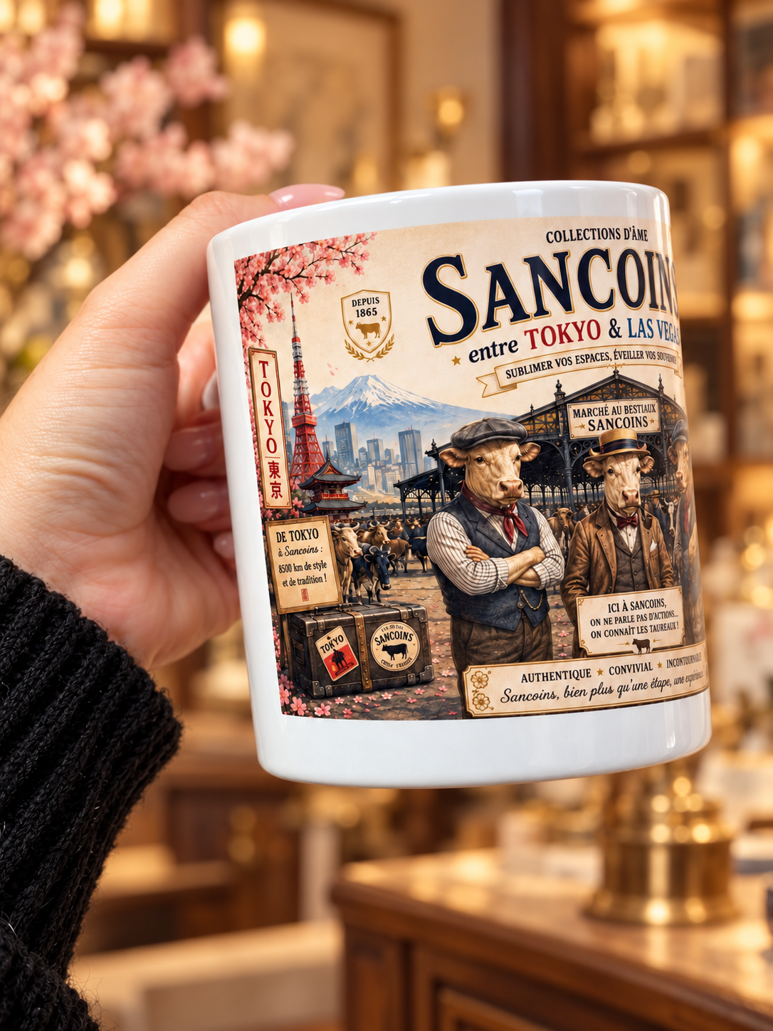 Mug Sancoins aux taureaux, tenu en main dans une ambiance de boutique chaleureuse