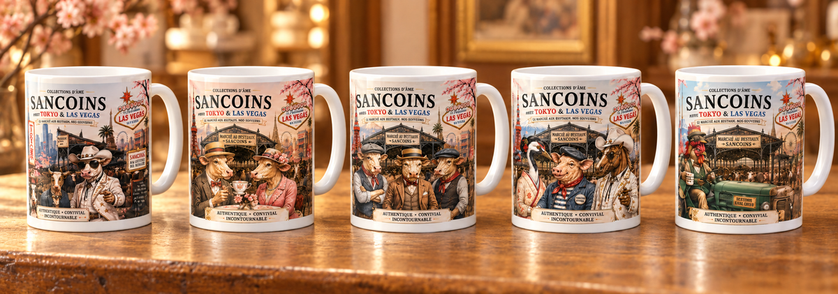 Les cinq mugs Sancoins réunis sur un comptoir en bois